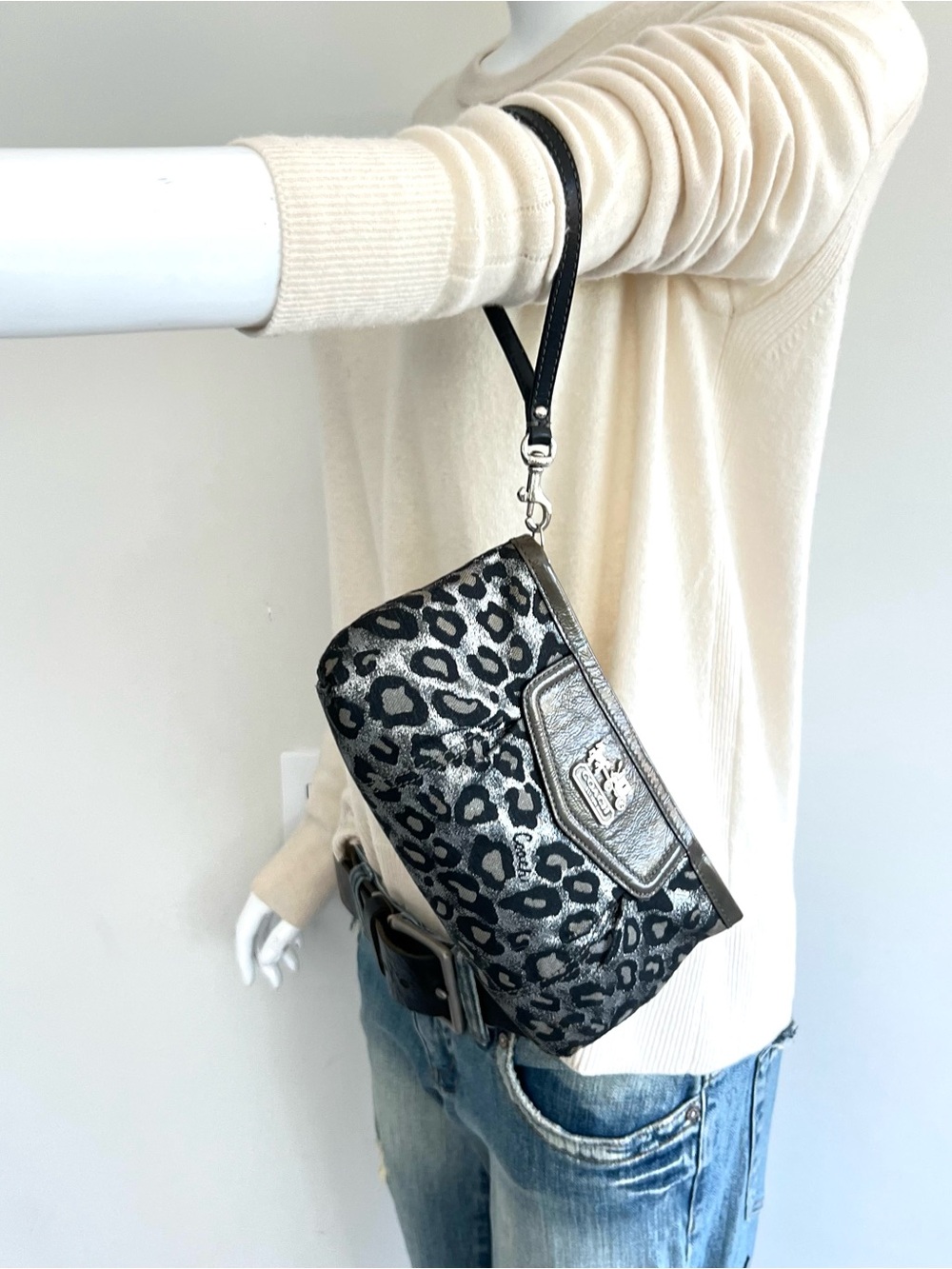 COACH Taupe Patent Leather Black Silver Leopard Print Zipper Clutch Wristlet